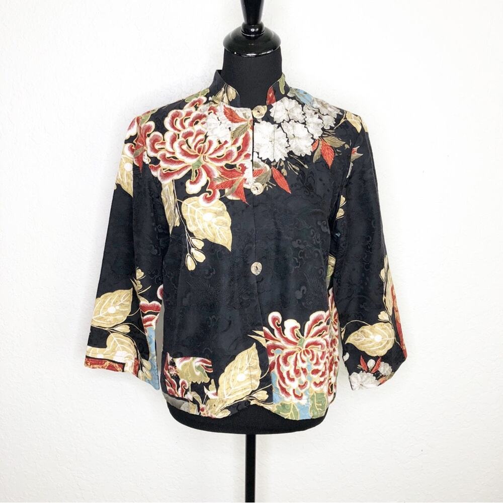 Citron Santa Monica black cream red blue floral silk blend jacket size Medium